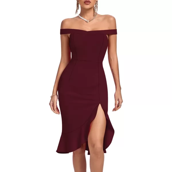LYANER Women's Off Shoulder Ruffle Split Hem Bodycon Party Club Midi Dress