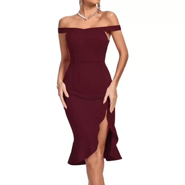 LYANER Women's Off Shoulder Ruffle Split Hem Bodycon Party Club Midi Dress