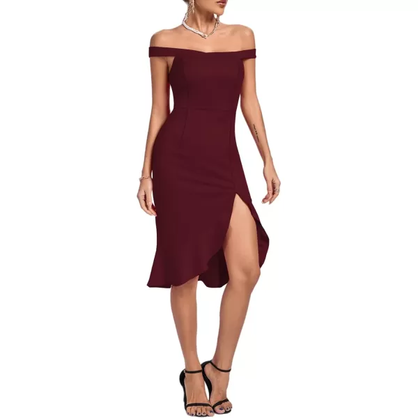 LYANER Women's Off Shoulder Ruffle Split Hem Bodycon Party Club Midi Dress