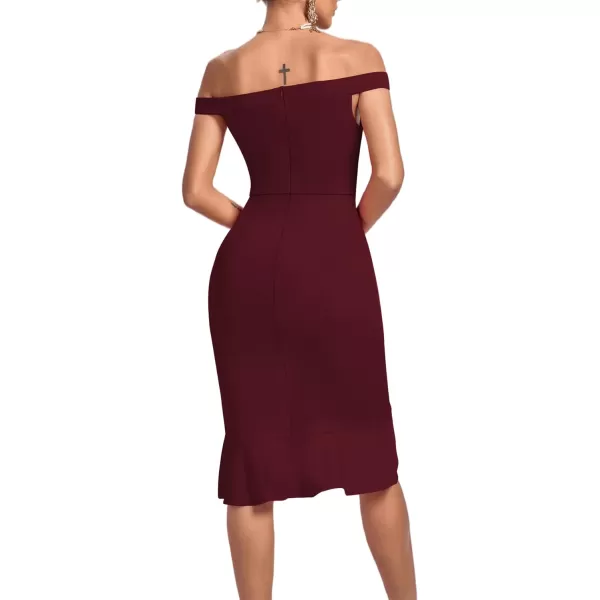 LYANER Women's Off Shoulder Ruffle Split Hem Bodycon Party Club Midi Dress