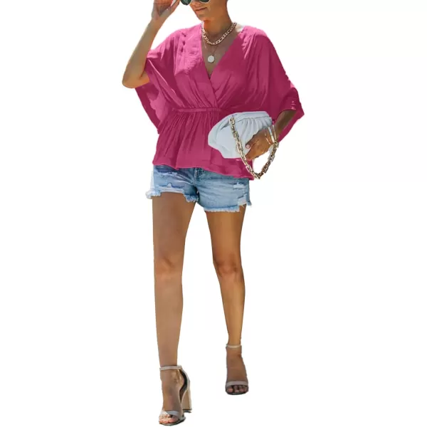 LYANER Women's Wrap V Neck Batwing Sleeve Elastic Waist Loose Peplum Blouse Shirts Top