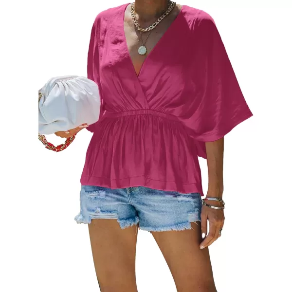 LYANER Women's Wrap V Neck Batwing Sleeve Elastic Waist Loose Peplum Blouse Shirts Top