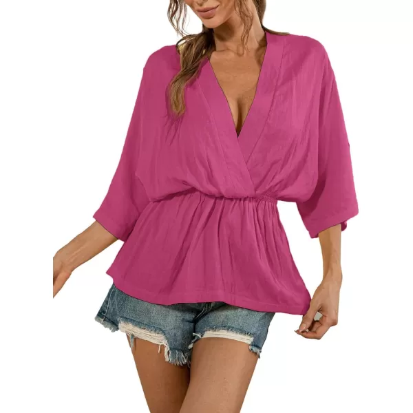 LYANER Women's Wrap V Neck Batwing Sleeve Elastic Waist Loose Peplum Blouse Shirts Top