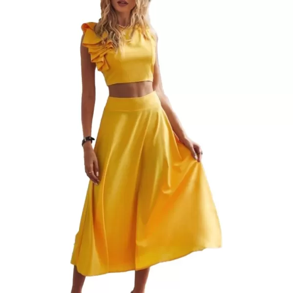 LYANER Women's 2 Piece Outfits Crewneck Ruffle Trim Sleeveless Crop Top and Swing Midi Skirt Set