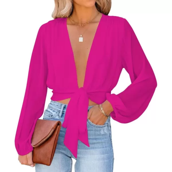 LYANER Women's Deep V Neck Tie Front Knot Long Sleeve Sexy Wrap Crop Top Blouse