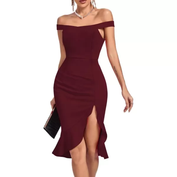 LYANER Women's Off Shoulder Ruffle Split Hem Bodycon Party Club Midi Dress