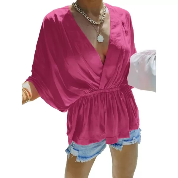 LYANER Women's Wrap V Neck Batwing Sleeve Elastic Waist Loose Peplum Blouse Shirts Top