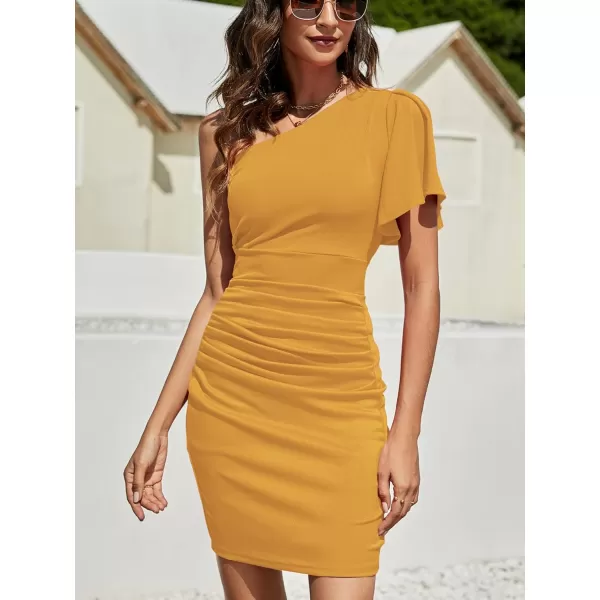 LYANER Women's Ruffle One Shoulder Short Sleeve Ruched Cocktail Bodycon Short Dress