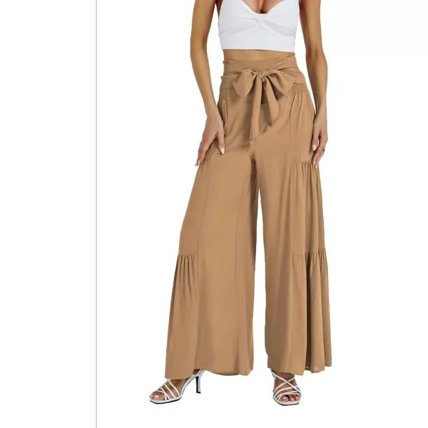 LYANER Women's Casual Tie Front Smocked High Waist Wide Leg Pleated Palazzo Lounge Pant