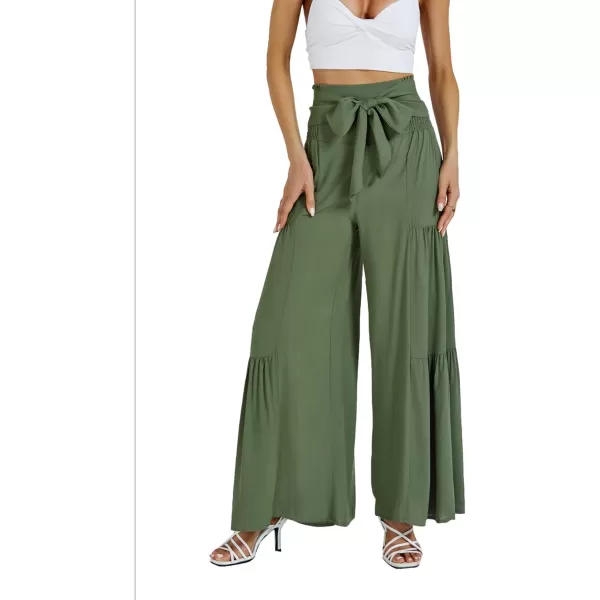 LYANER Women's Casual Tie Front Smocked High Waist Wide Leg Pleated Palazzo Lounge Pant