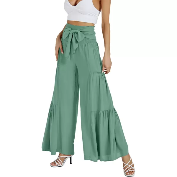 LYANER Women's Casual Tie Front Smocked High Waist Wide Leg Pleated Palazzo Lounge Pant