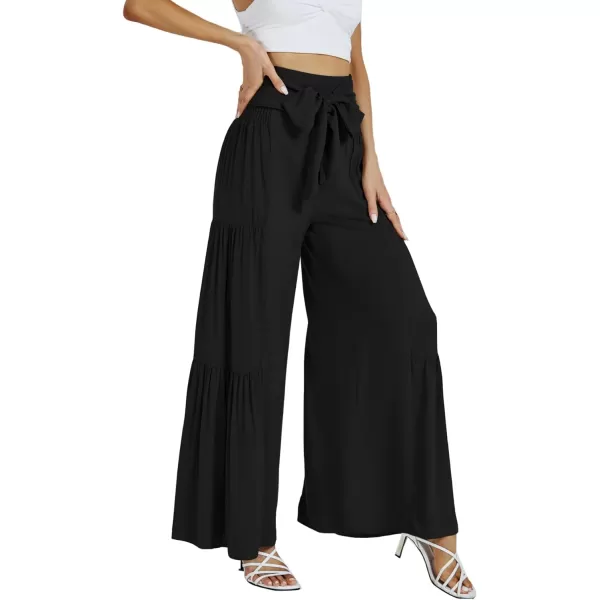 LYANER Women's Casual Tie Front Smocked High Waist Wide Leg Pleated Palazzo Lounge Pant