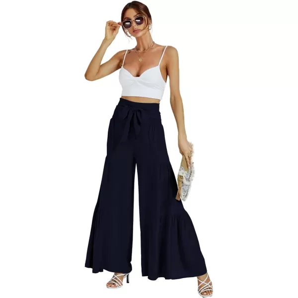 LYANER Women's Casual Tie Front Smocked High Waist Wide Leg Pleated Palazzo Lounge Pant