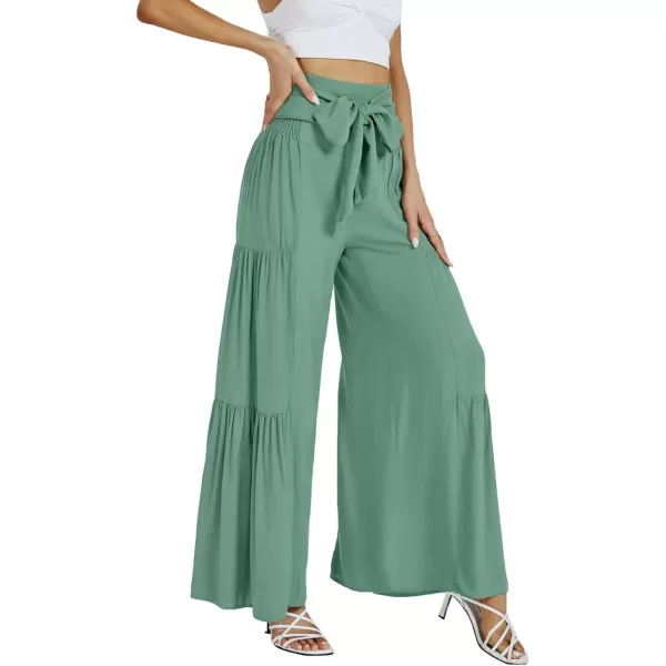 LYANER Women's Casual Tie Front Smocked High Waist Wide Leg Pleated Palazzo Lounge Pant