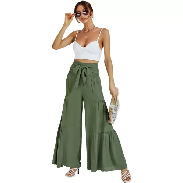 LYANER Women's Casual Tie Front Smocked High Waist Wide Leg Pleated Palazzo Lounge Pant