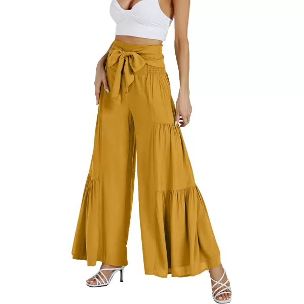 LYANER Women's Casual Tie Front Smocked High Waist Wide Leg Pleated Palazzo Lounge Pant