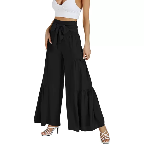 LYANER Women's Casual Tie Front Smocked High Waist Wide Leg Pleated Palazzo Lounge Pant