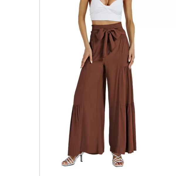 LYANER Women's Casual Tie Front Smocked High Waist Wide Leg Pleated Palazzo Lounge Pant