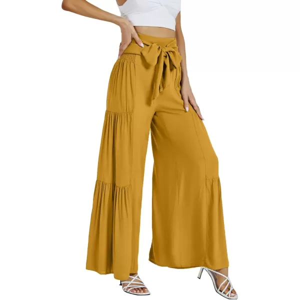 LYANER Women's Casual Tie Front Smocked High Waist Wide Leg Pleated Palazzo Lounge Pant