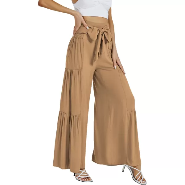 LYANER Women's Casual Tie Front Smocked High Waist Wide Leg Pleated Palazzo Lounge Pant