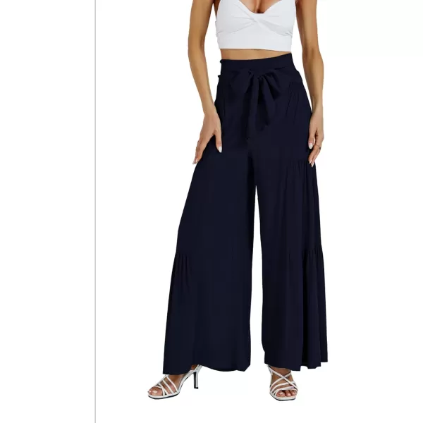 LYANER Women's Casual Tie Front Smocked High Waist Wide Leg Pleated Palazzo Lounge Pant