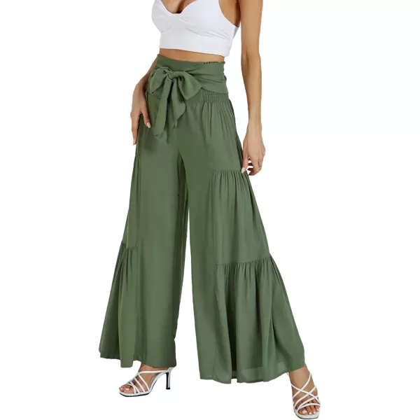LYANER Women's Casual Tie Front Smocked High Waist Wide Leg Pleated Palazzo Lounge Pant