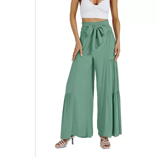 LYANER Women's Casual Tie Front Smocked High Waist Wide Leg Pleated Palazzo Lounge Pant