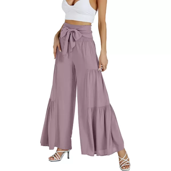 LYANER Women's Casual Tie Front Smocked High Waist Wide Leg Pleated Palazzo Lounge Pant