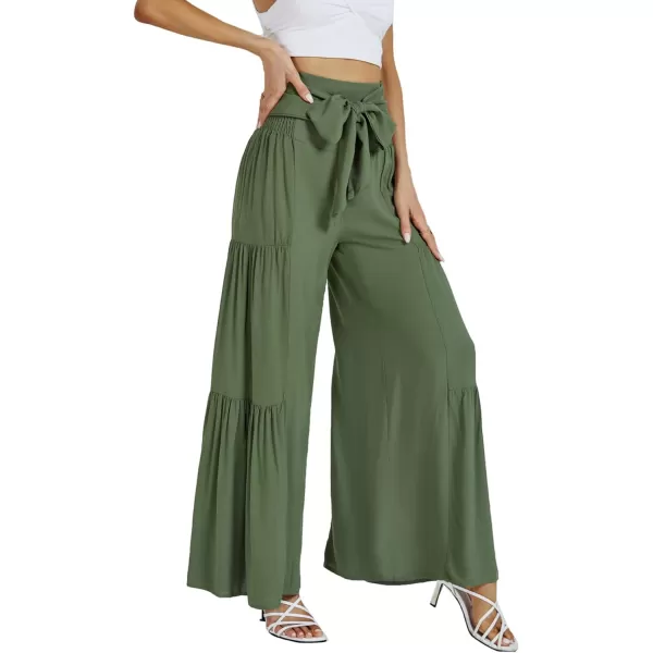 LYANER Women's Casual Tie Front Smocked High Waist Wide Leg Pleated Palazzo Lounge Pant