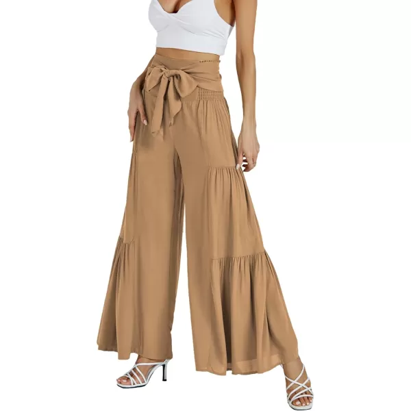LYANER Women's Casual Tie Front Smocked High Waist Wide Leg Pleated Palazzo Lounge Pant