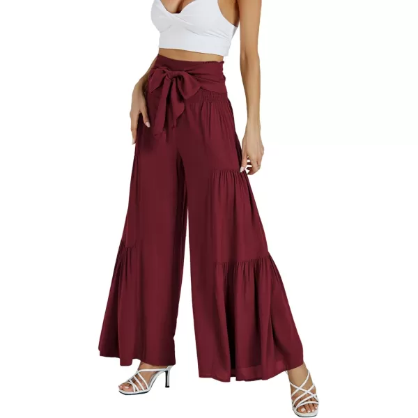 LYANER Women's Casual Tie Front Smocked High Waist Wide Leg Pleated Palazzo Lounge Pant