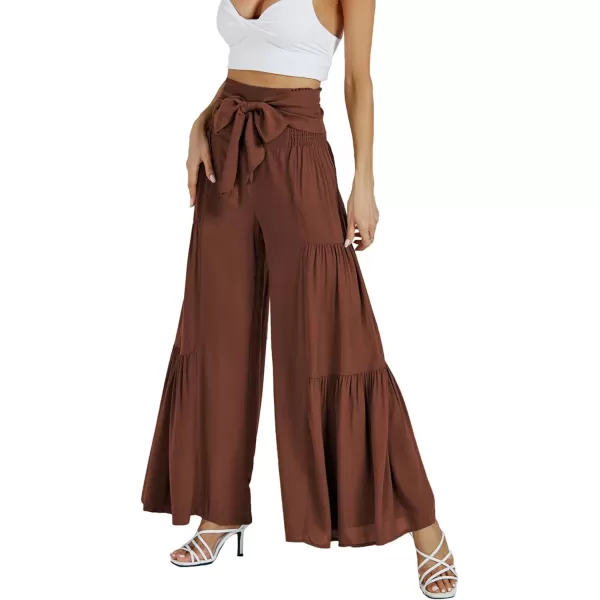 LYANER Women's Casual Tie Front Smocked High Waist Wide Leg Pleated Palazzo Lounge Pant
