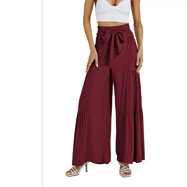 LYANER Women's Casual Tie Front Smocked High Waist Wide Leg Pleated Palazzo Lounge Pant