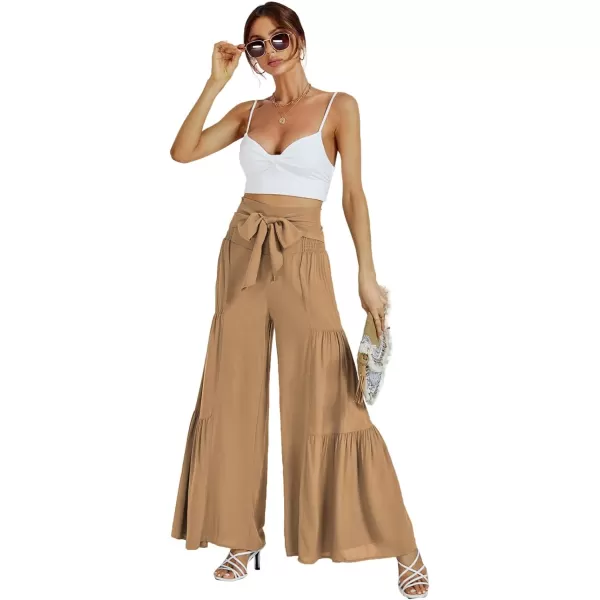 LYANER Women's Casual Tie Front Smocked High Waist Wide Leg Pleated Palazzo Lounge Pant