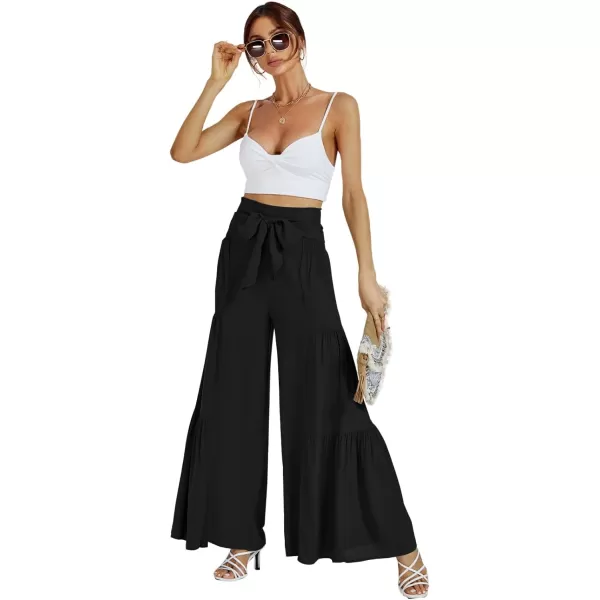 LYANER Women's Casual Tie Front Smocked High Waist Wide Leg Pleated Palazzo Lounge Pant