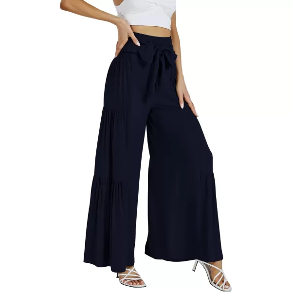 LYANER Women's Casual Tie Front Smocked High Waist Wide Leg Pleated Palazzo Lounge Pant