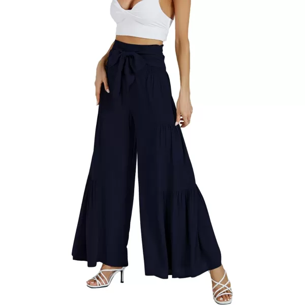 LYANER Women's Casual Tie Front Smocked High Waist Wide Leg Pleated Palazzo Lounge Pant