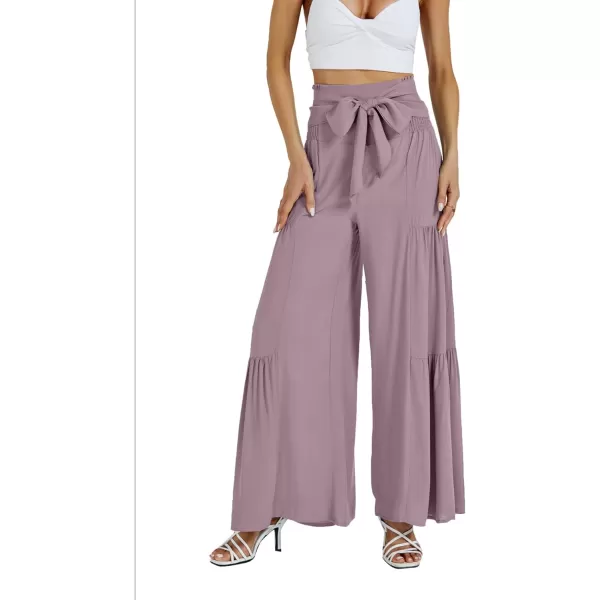 LYANER Women's Casual Tie Front Smocked High Waist Wide Leg Pleated Palazzo Lounge Pant