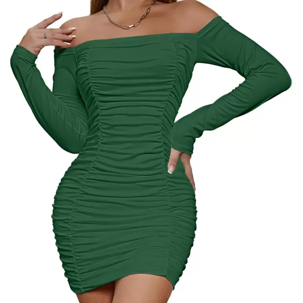 LYANER Women's Off Shoulder Ruched Long Sleeve Party Club Mini Bodycon Dress