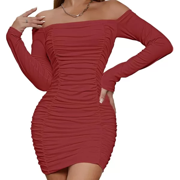 LYANER Women's Off Shoulder Ruched Long Sleeve Party Club Mini Bodycon Dress