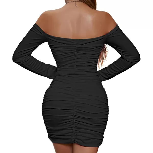 LYANER Women's Off Shoulder Ruched Long Sleeve Party Club Mini Bodycon Dress