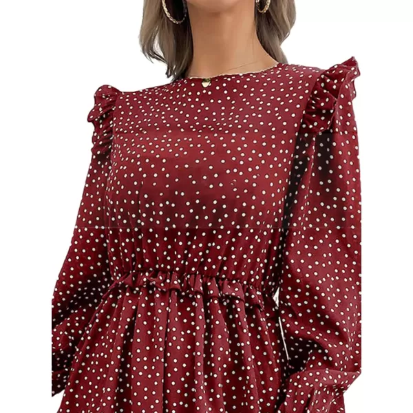 LYANER Women's Polka Dots Crew Neck Puff Long Sleeveless Ruffle A Line Flowy Midi Dress