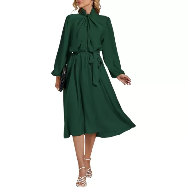 LYANER Women's Satin Slik Knot Mock Neck Waist Tie Puff Long Sleeve Flowy Midi Dress