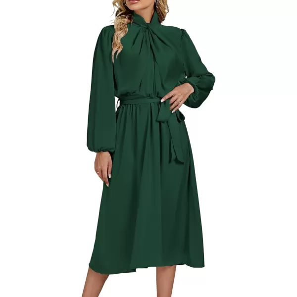 LYANER Women's Satin Slik Knot Mock Neck Waist Tie Puff Long Sleeve Flowy Midi Dress