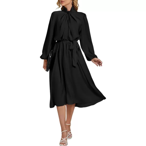 LYANER Women's Satin Slik Knot Mock Neck Waist Tie Puff Long Sleeve Flowy Midi Dress