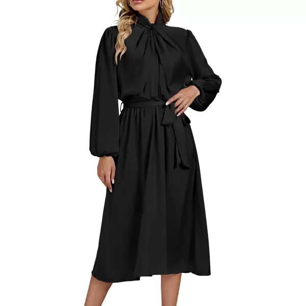 LYANER Women's Satin Slik Knot Mock Neck Waist Tie Puff Long Sleeve Flowy Midi Dress