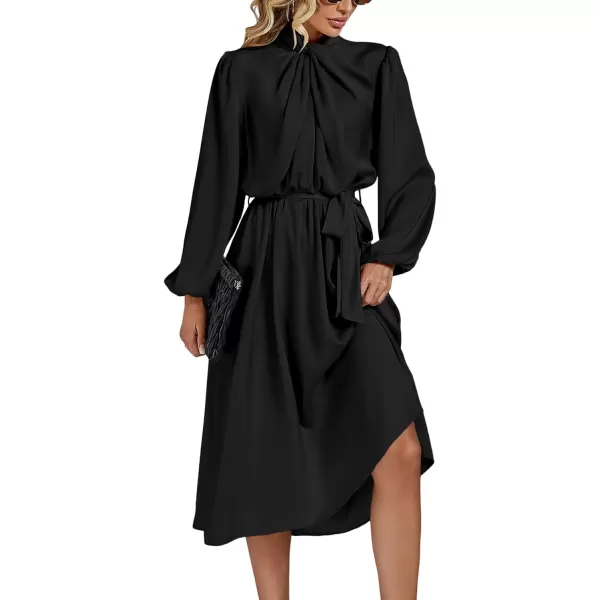 LYANER Women's Satin Slik Knot Mock Neck Waist Tie Puff Long Sleeve Flowy Midi Dress