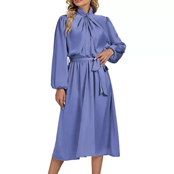 LYANER Women's Satin Slik Knot Mock Neck Waist Tie Puff Long Sleeve Flowy Midi Dress