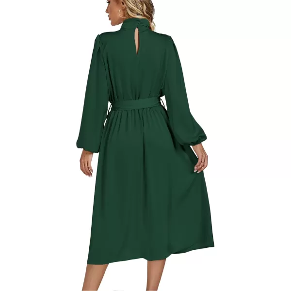 LYANER Women's Satin Slik Knot Mock Neck Waist Tie Puff Long Sleeve Flowy Midi Dress