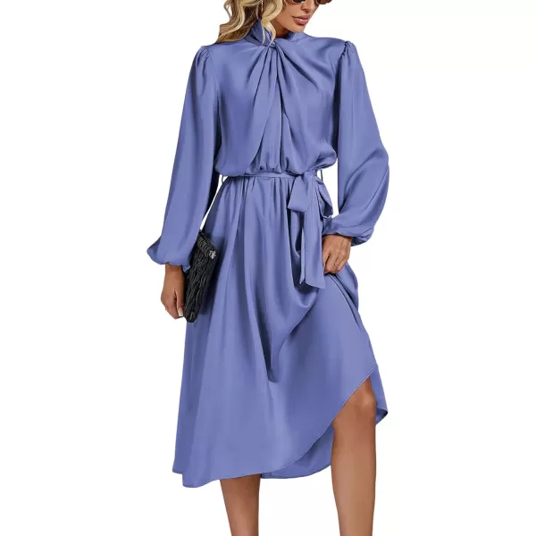 LYANER Women's Satin Slik Knot Mock Neck Waist Tie Puff Long Sleeve Flowy Midi Dress